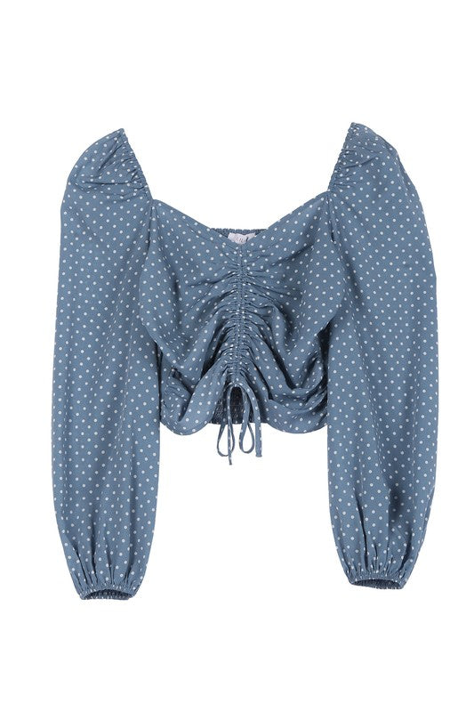 Ruched Polka Dot Crop Top with Puff Sleeves - Summer at Payton's Online Boutique