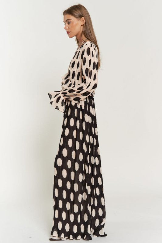 Polka Dot Ruffled Long Sleeve Pleated Maxi Dress - Summer at Payton's Online Boutique