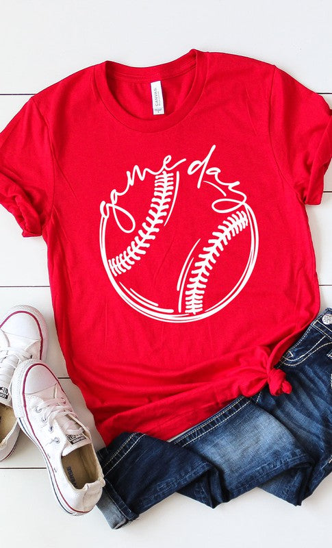 Canvas Red Cursive Game Day Baseball Graphic Tee-Plus Size