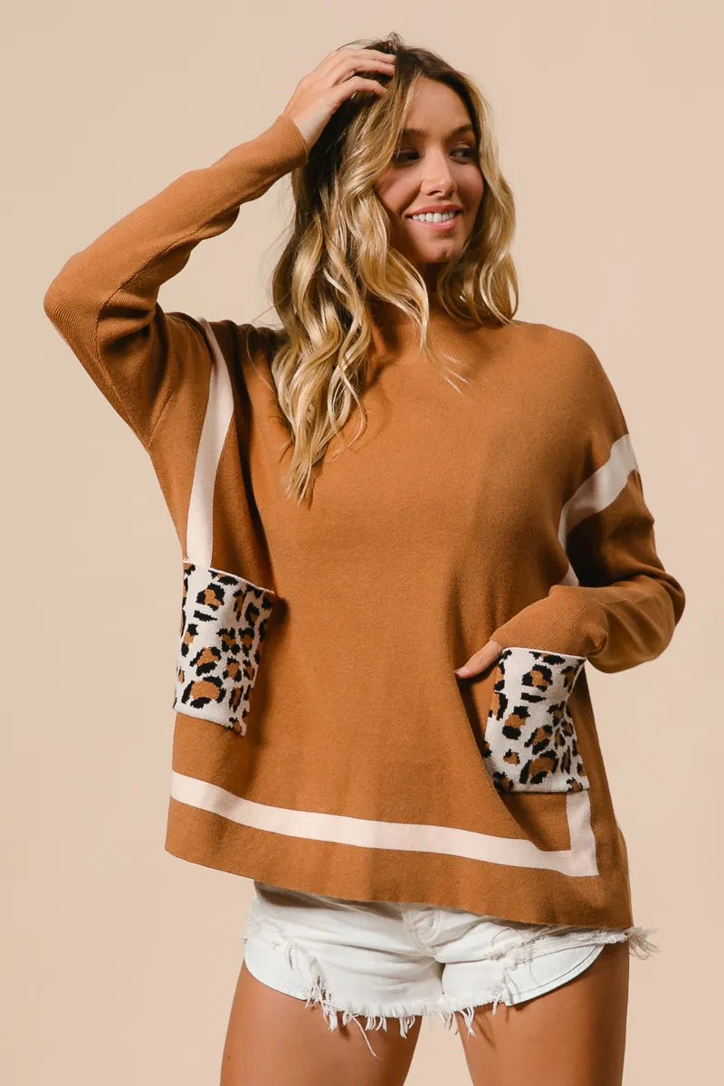 BiBi Mock Neck Sweater with Leopard Pocket