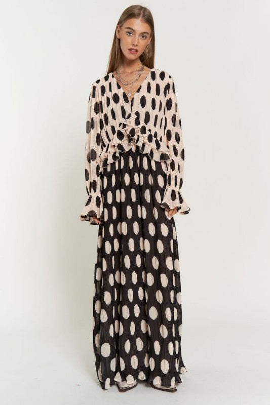 Polka Dot Ruffled Long Sleeve Pleated Maxi Dress - Summer at Payton's Online Boutique