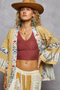 POL Raw Edge Open Front Patchwork Cardigan with Floral Trim