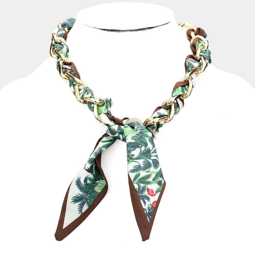 Link Flower Patterned Fabric Necklace – Adjustable 18" Oval Chain
