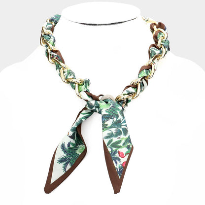 Link Flower Patterned Fabric Necklace – Adjustable 18" Oval Chain
