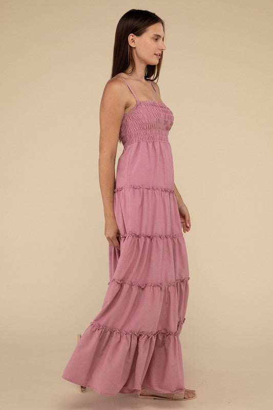 Light Rose Woven Smocked Top Tiered Cami Maxi Dress