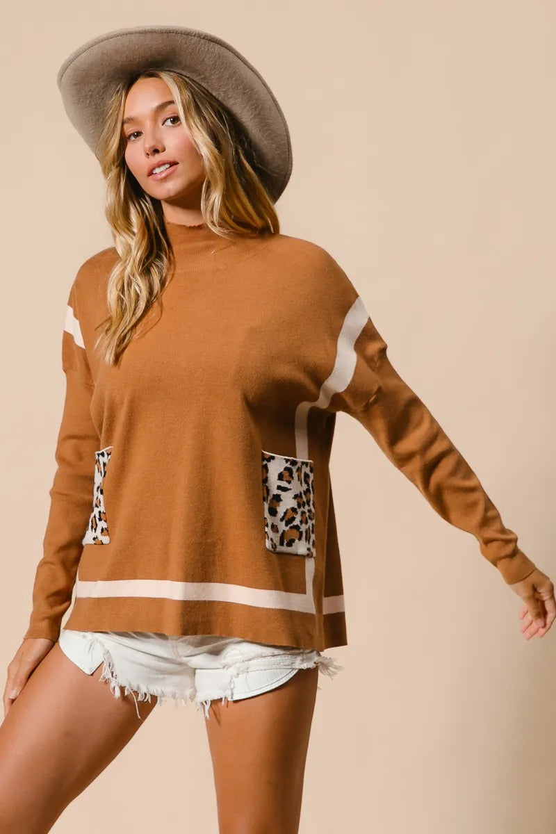 BiBi Mock Neck Sweater with Leopard Pocket