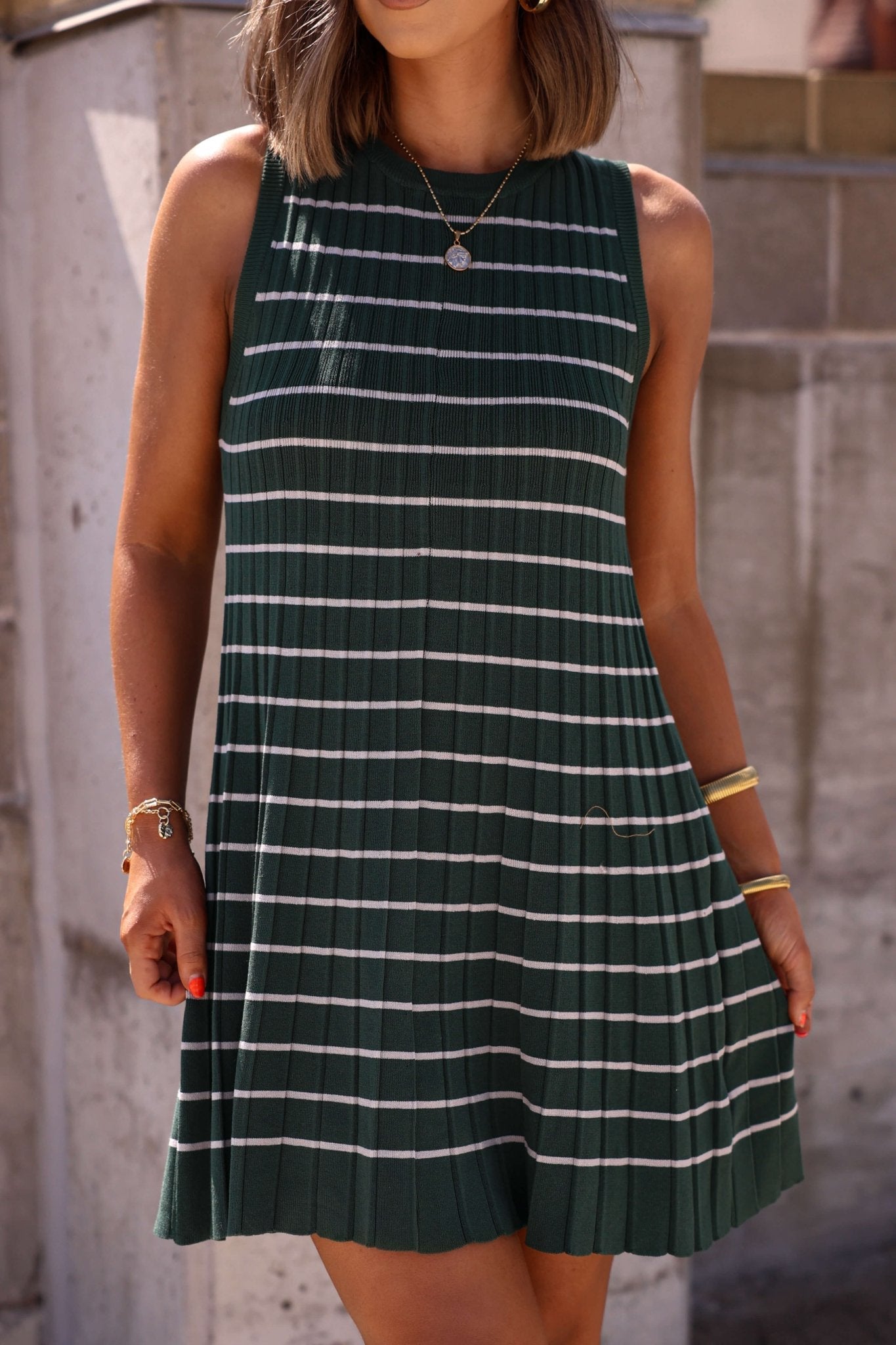 Green Stripe Pleated Mini Dress