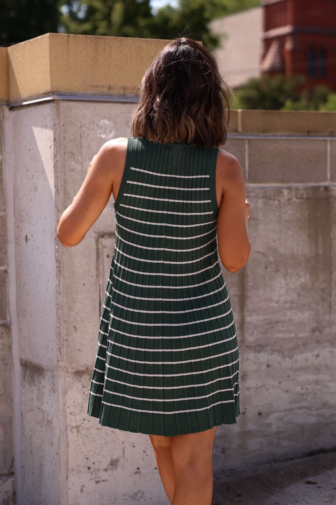 Green Stripe Pleated Mini Dress