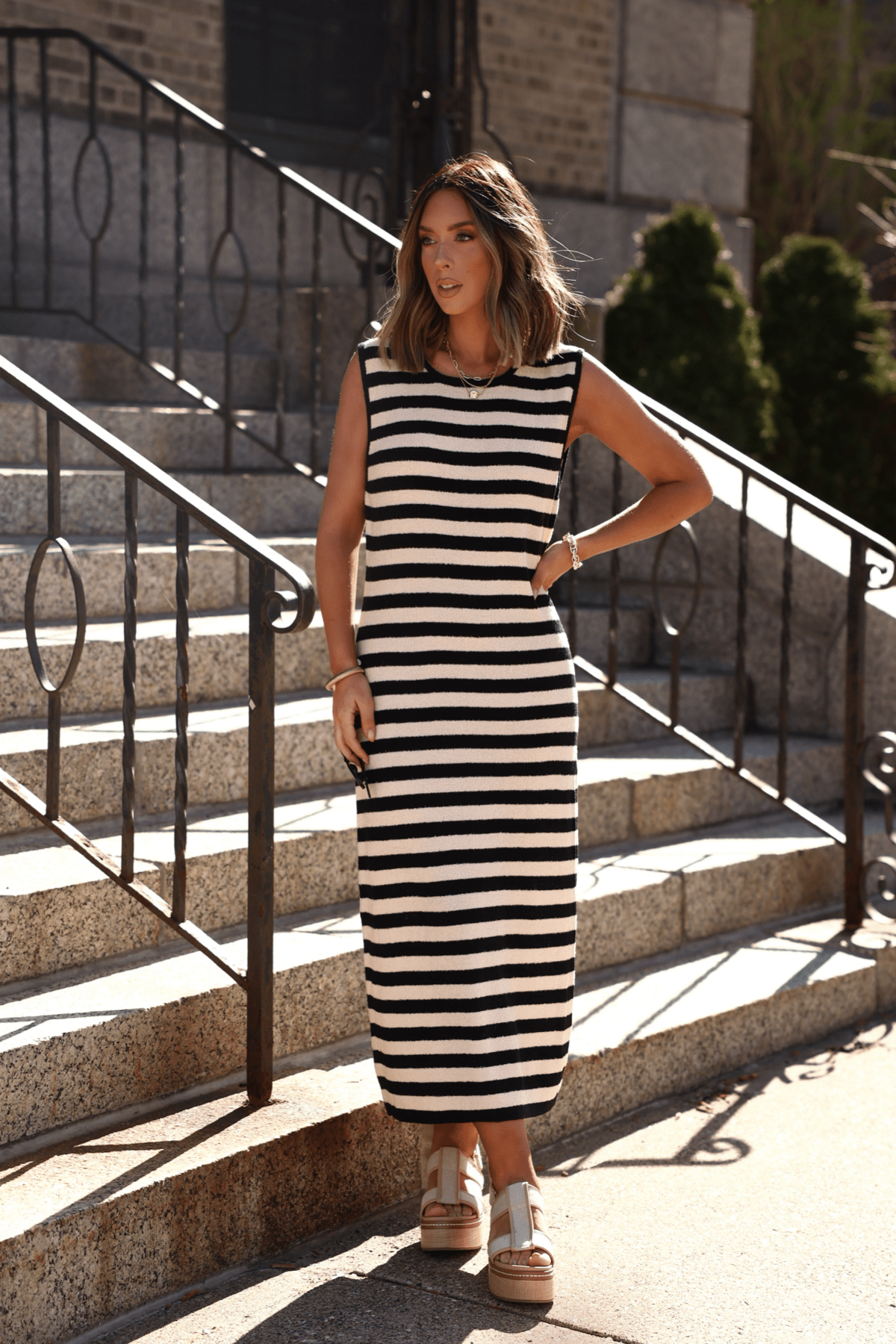 Front view black and beige striped midi dress