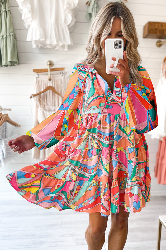 Printed Long Sleeve Tie Neck Mini Dress - Summer at Payton's Online Boutique