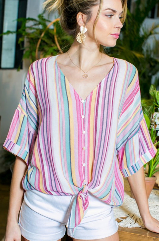 Button down tie front high low top-multi colored - Summer at Payton's Online Boutique