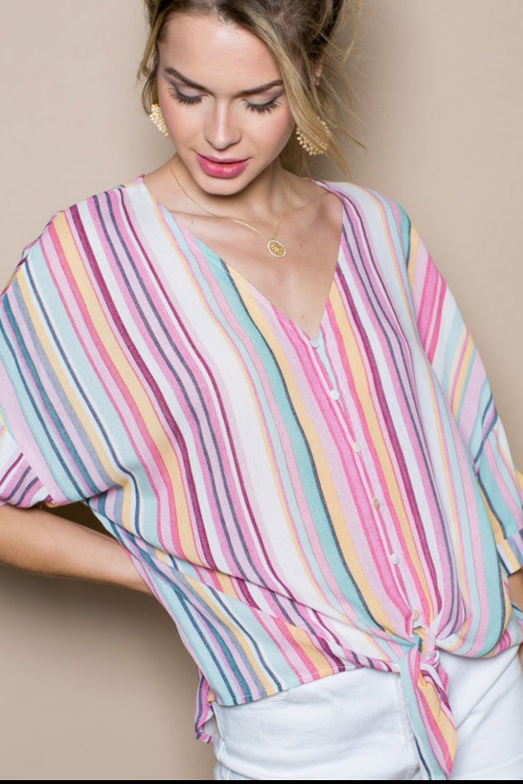 Button down tie front high low top-multi colored - Summer at Payton's Online Boutique