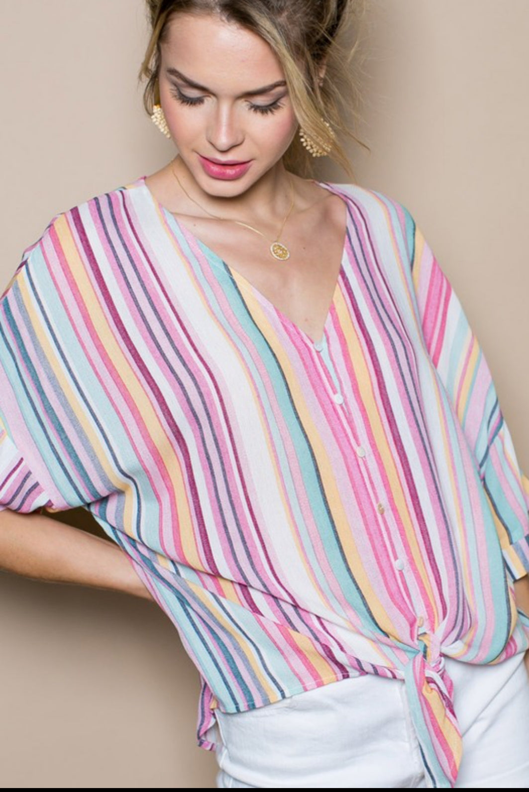 Button down tie front high low top-multi colored - Summer at Payton's Online Boutique