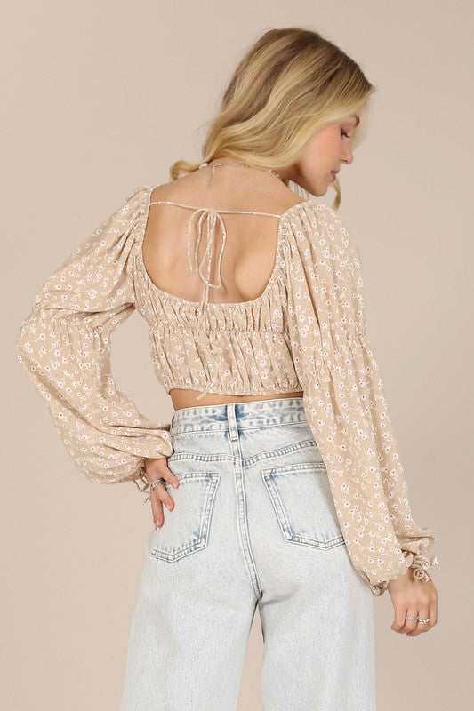Square Neck Floral Long Sleeve Crop Top - Summer at Payton's Online Boutique