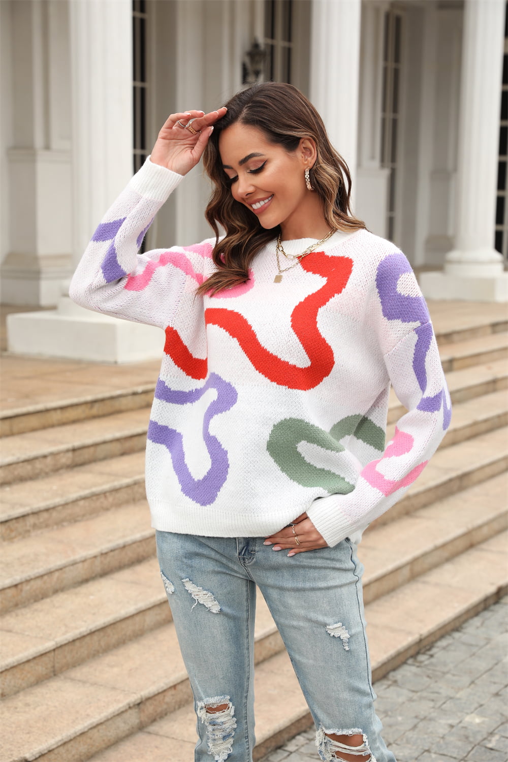Printed Round Neck Pullover Sweater - Summer at Payton's Online Boutique