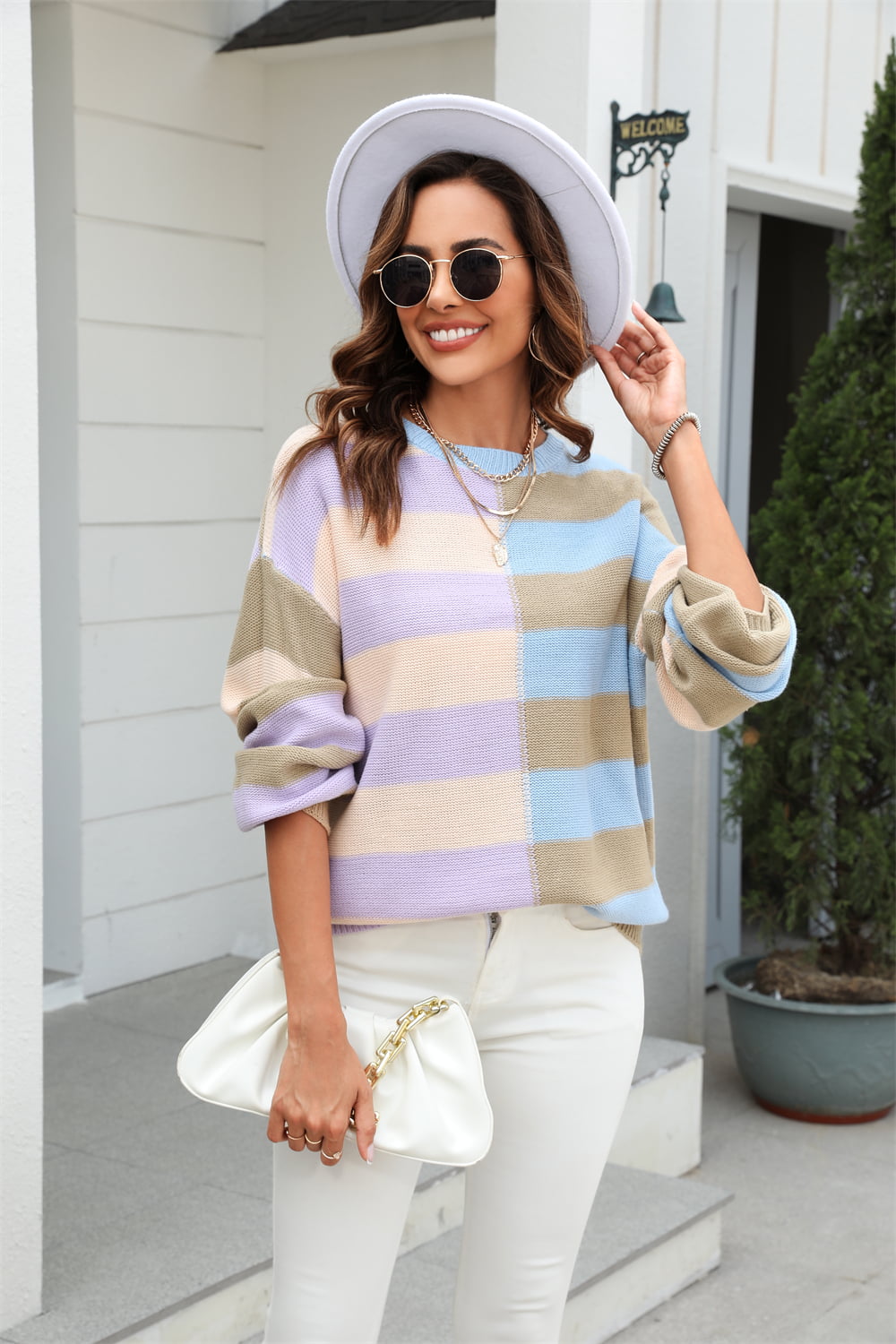 Round Neck Long Sleeve Color Block Dropped Shoulder Pullover Sweater - Summer at Payton's Online Boutique