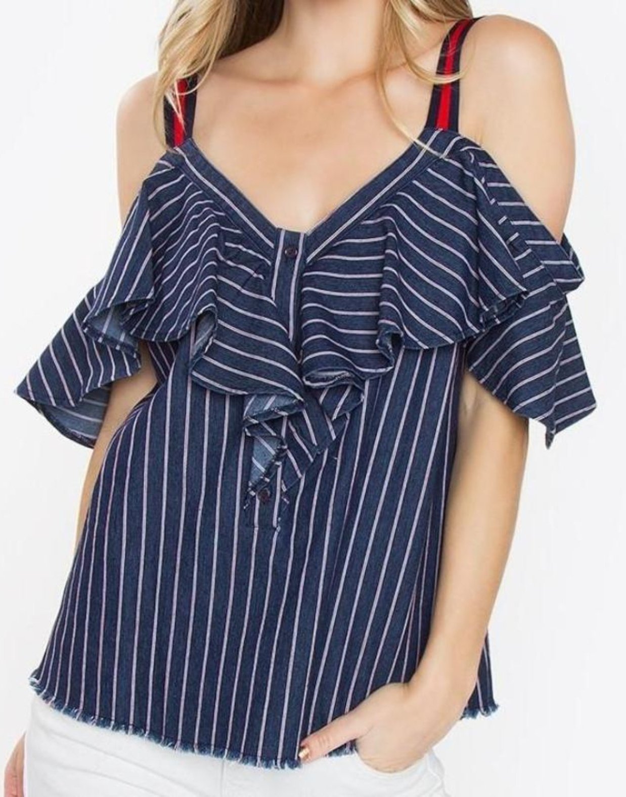 Antonella Stripe Denim Ruffle Top - Summer at Payton's Online Boutique